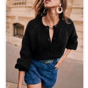 BEST Sezane Alma Cardigan Small Black Noir Kid Mohair Sweater Knit French